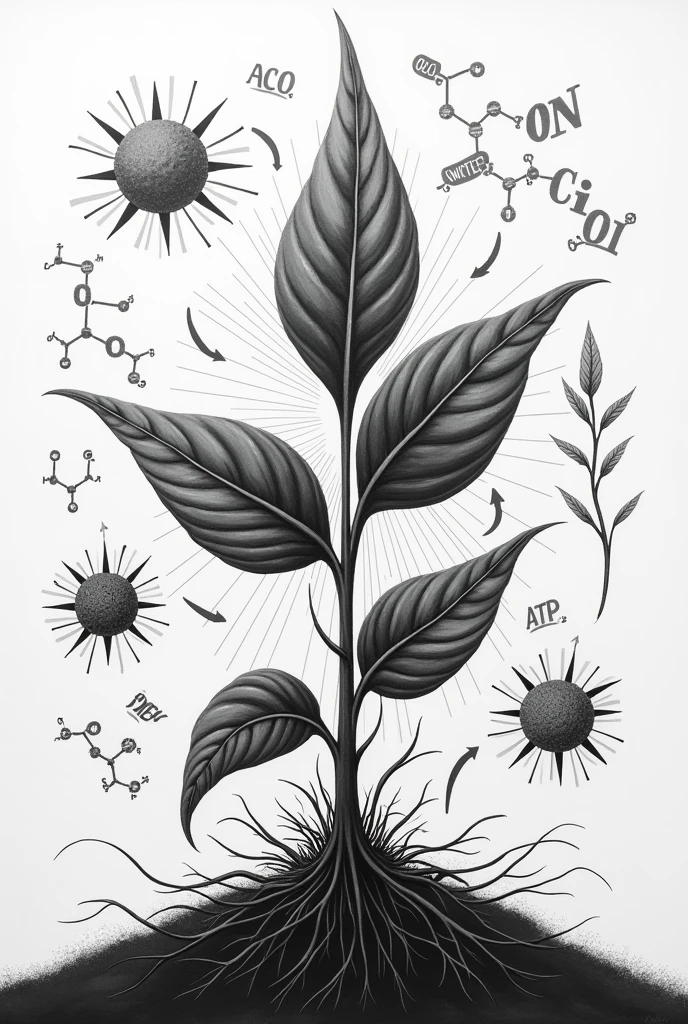 Process of the photosynthesis plant to paint black and white showing the input of co2 atp glucose water light etc