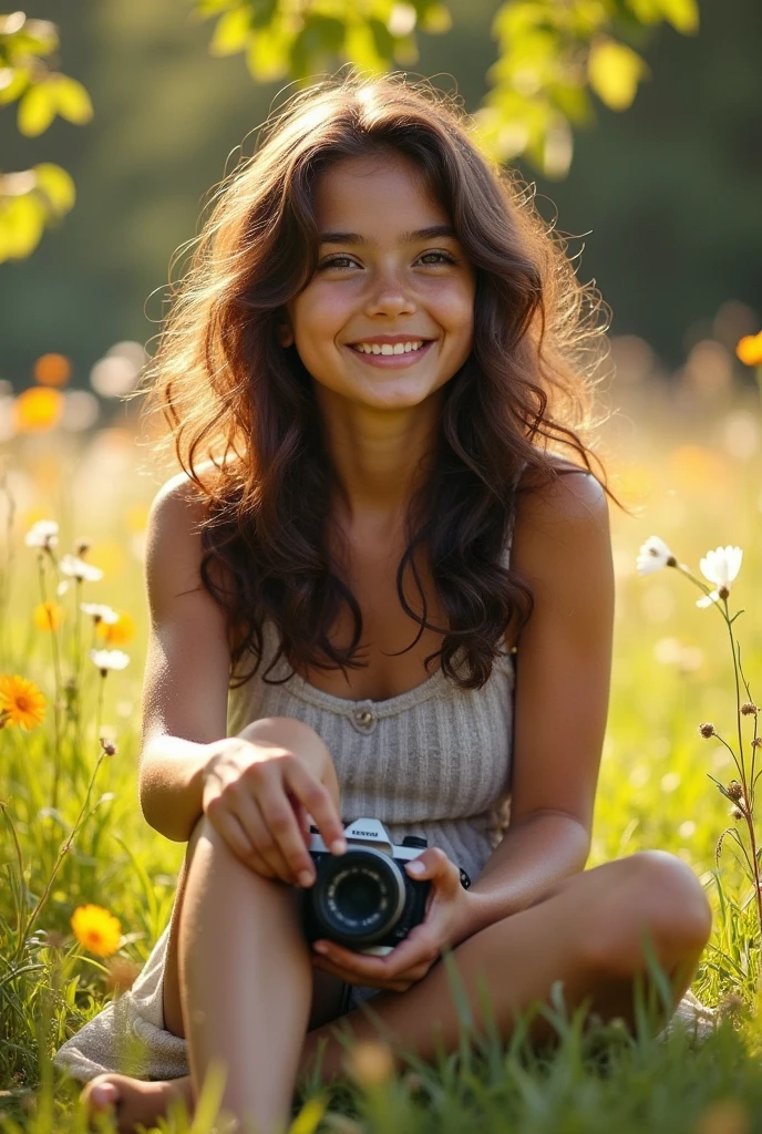 A brunette girl with curly hair and big breasts sits with her legs stretched out, taking a realistic photo