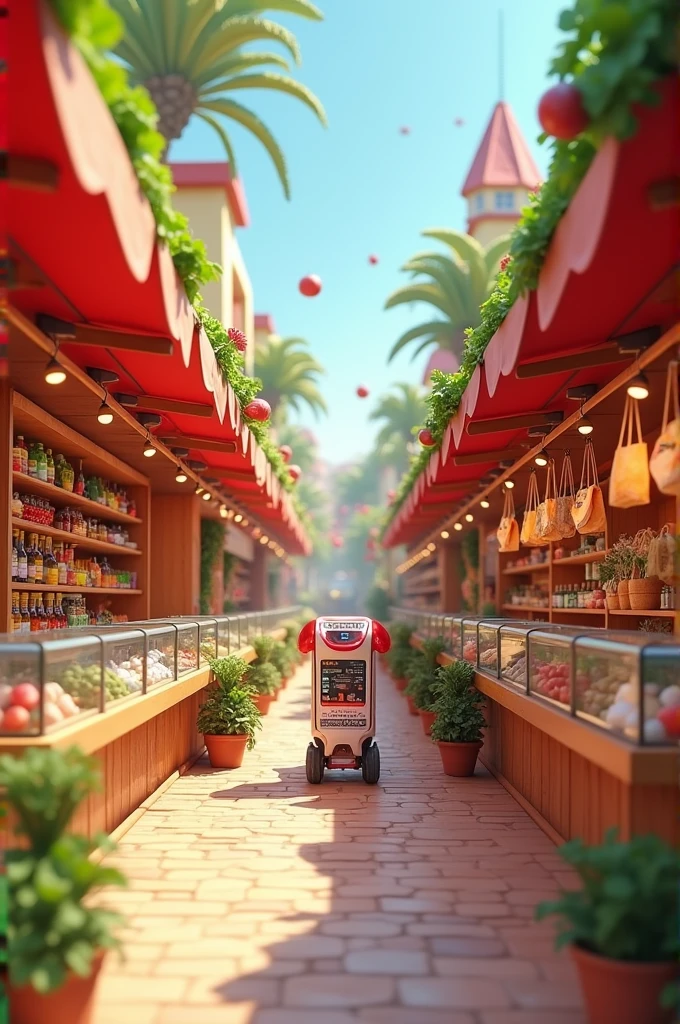 We want a 3D market with an internal view , inside the market there has to be a dispensary that also shows the internal view, mini ecological bags and also a smart cart