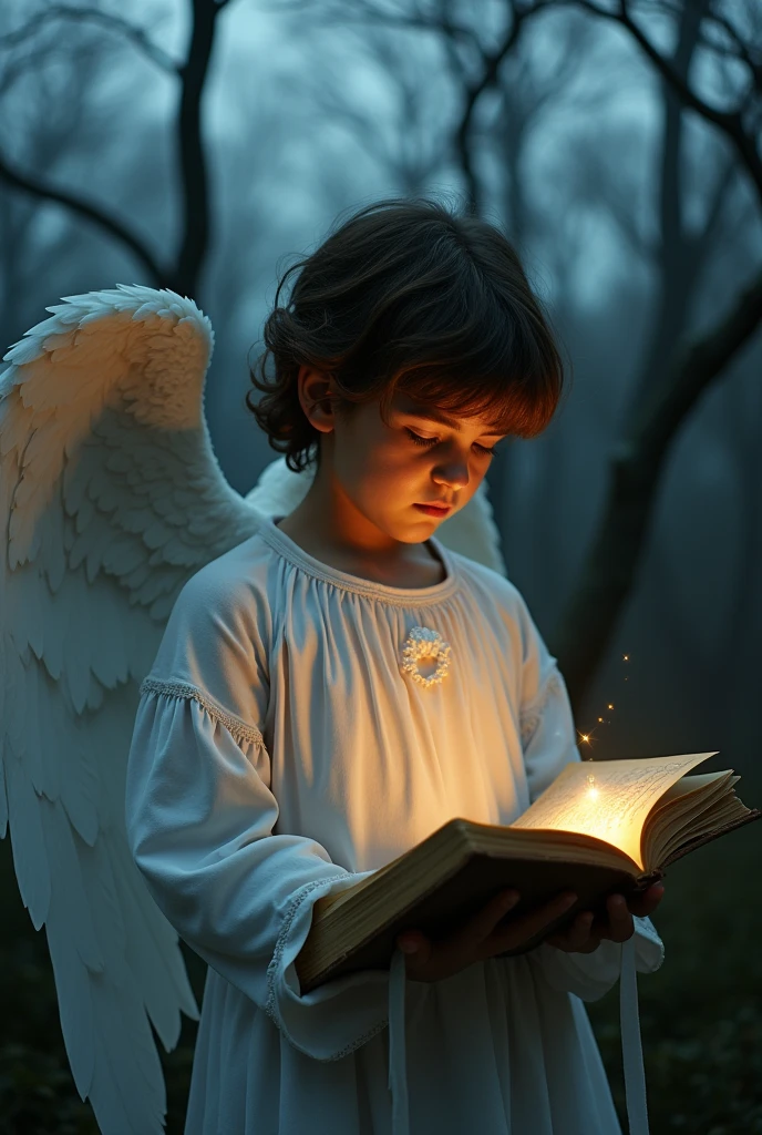 An angel sitting on the left shoulder of a person, noting down wrongdoings in a shadowed ledger."