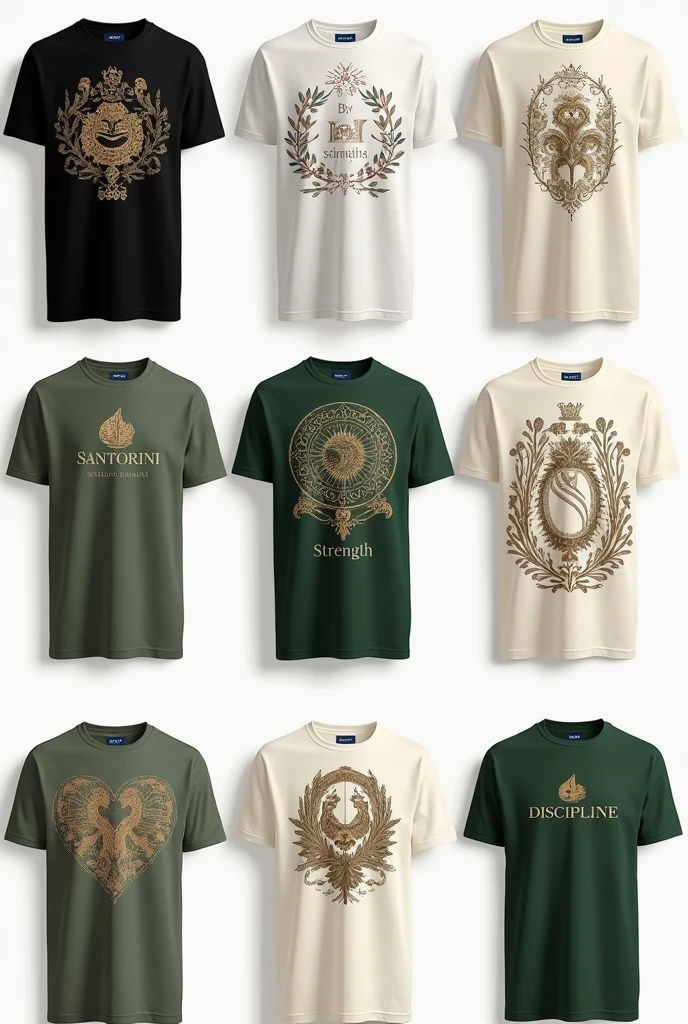 Necesito que me aandudes con 10 diseños diferentes and únicos entre si, the designs are based on embroidery for t-shirts, use as a base a quality cotton t-shirt,, you can use colors like black, white, green, cafe, cream, shades of that style for the base, and el arreglo del bordado te lo dejo a tu disposicion, it must only meet the following two requirements, I want the embroidered part to be in the center of the shirt (chest) (sides) and (back) that are of small to large sizes. I would like you to make some designs with elegant letters like Santorini or Wild Magnolia as a textual style, the typography, con and otros con diseños de flores, diseños como para gandm, designs similar to polo ralph lauren, designs of mythological creatures, etc, I leave some to your consideration. I need something more minimalist, Ralph Lauren style, but without losing the essence of what I asked for., hax tambien estilos para gandm, utliza pesas en la parte de la back, phrases like strength and discipline on the front