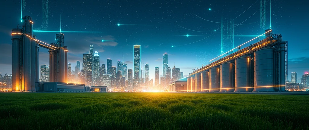 A futuristic landscape that unites technology and agriculture. On the sides of the image, large grain silos and modern warehouses are arranged, Surrounded by verdant fields and lush vegetation. Ao fundo, a futuristic city with illuminated skyscrapers stretches to the horizon, connected by a visible digital network, with data lines glowing in the night sky. At the center, a vast empty field, representing the balance between nature and advanced agricultural infrastructure. Lights and digital connections permeate both the silos and the sky, creating an environment of innovation, agricultural efficiency and progress.