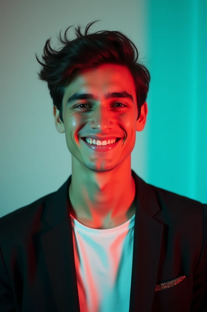 A young man with dark hair and a confident smile. He is dressed in a black blazer over a white shirt, The man is positioned against aqua colour backdrop with a subtle red lighting on the left side. and he posing for LinkedIn profile