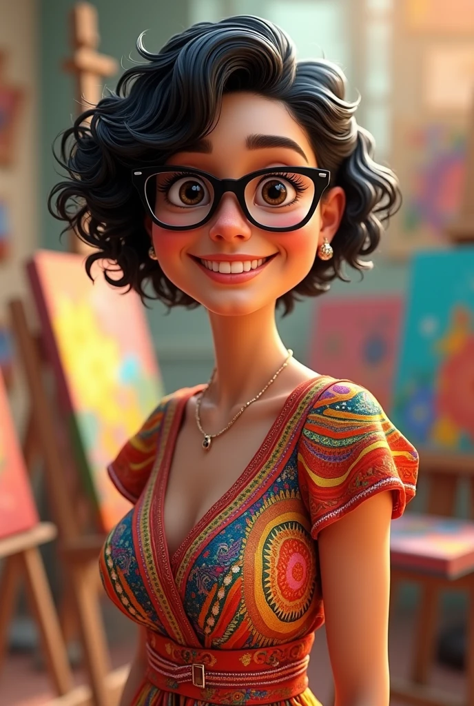 3D poster inspired by Pixar capturing a scene with a 55-year-old woman, medium and square black glasses, light brunette, long eyelashes, small and chubby nose, wrinkle between the eyebrows, arched eyebrows, square chin, overweight, chubby, a little belly, slightly full lips, smiling, black hair, very black and full of curls, and short on the side, all curly hair, full of curls, shaved neck and long bangs on the side with curls, very long with curls, with asymmetrical pixie haircut in which one side is very short and the left side is longer, long, wide and colorful dress with geometries, atelier with mandalas, a beautiful mole on the upper lip, between the nose and the mouth