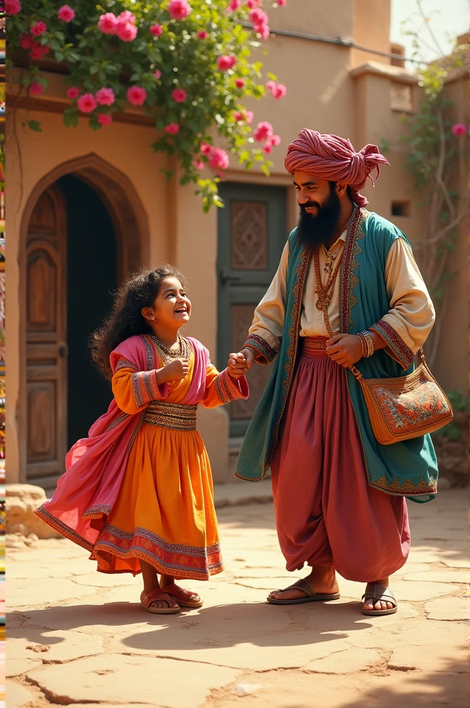 A little bby girl wearing saree is playing with a AFGHan merchant, wearing traditional dress infront of house.