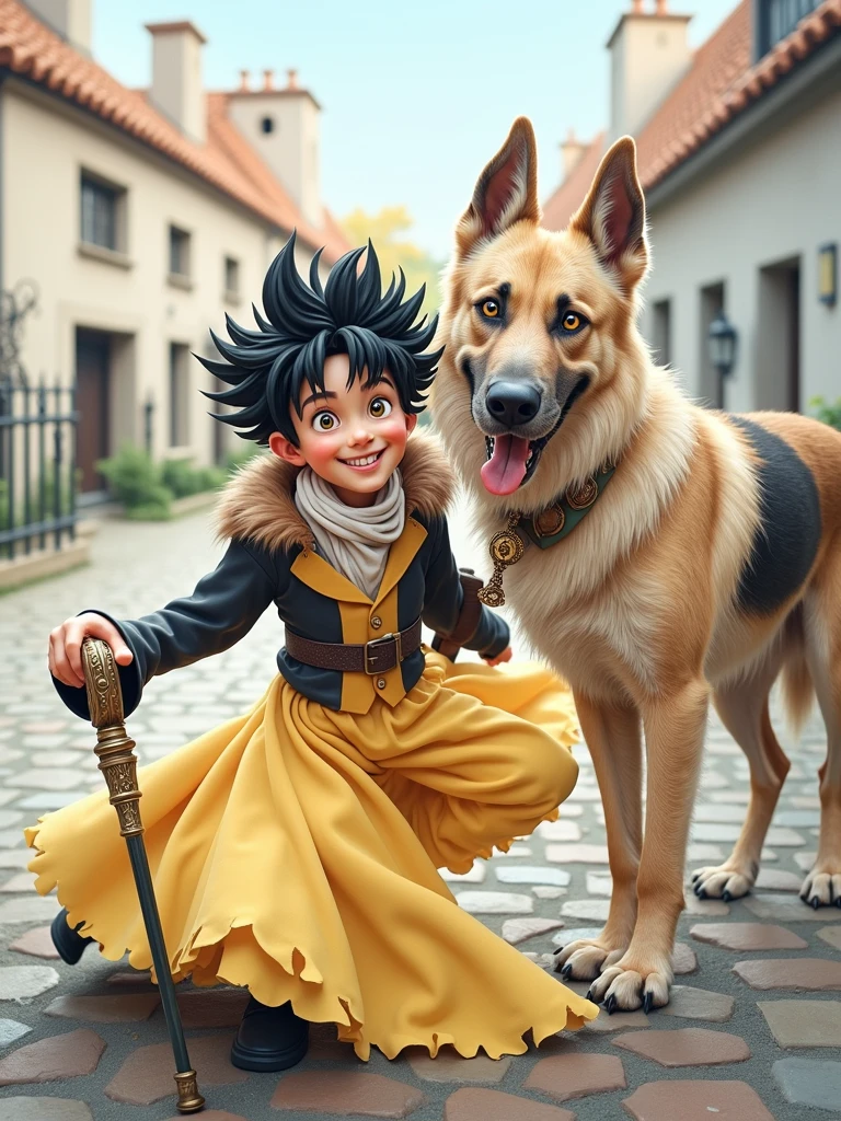 1 yong smile, teenager, boy, young, aristocrat, black short hair with spikes, dark yellow vest, brown/black dusty disheveled coat, yellow eyes, collar around the neck, cane with mace tip, a huge Irish wolfhound nearby, Black Style, easy going, Grinning, smile, torn coat