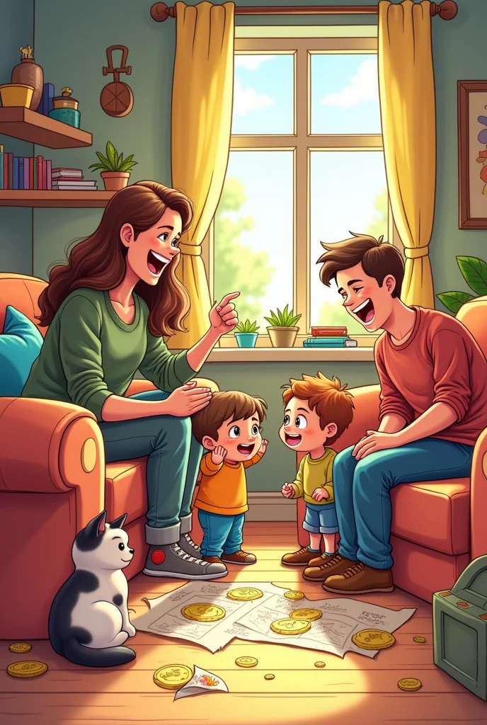 I want a coloring page cartoon that depicts a treasure hunt at home made by parents and their children on a fun day