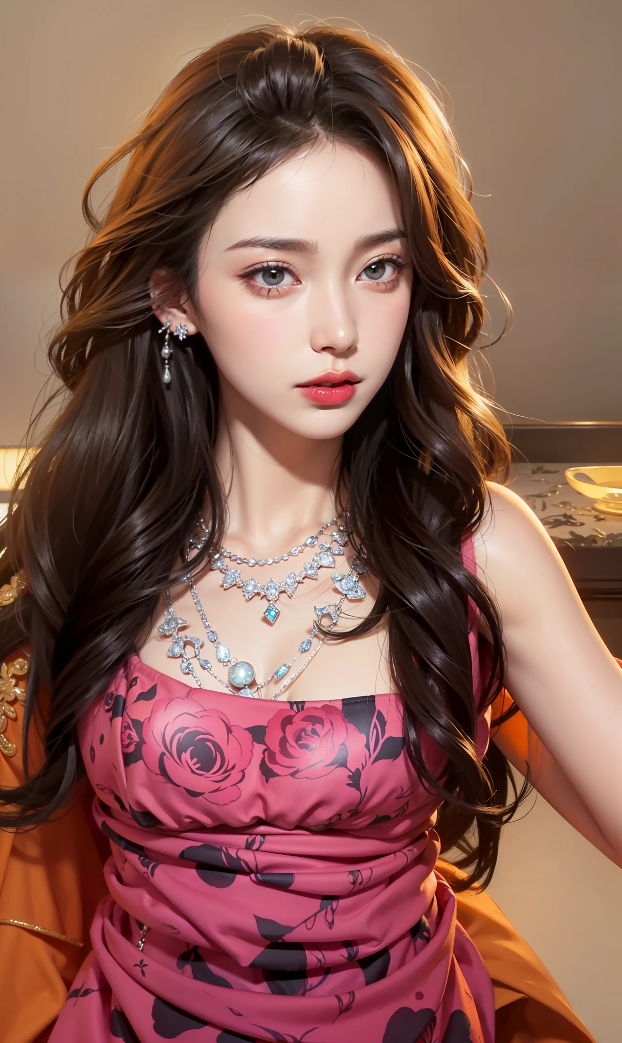 Very detailed, Delicate face, Realistic style, Stock Photography ,  rich and colorful, Surrealism, Realistic textures, Dramatic Lighting, Distiller 800  (8K, original photo, Better quality, masterpiece: 1.2), Very detailed, (Extremely delicate skin: 1.2), 8K Ultra HD, SLR camera, Soft Light, high quality， 冰冻Queen,, snow castle，Blue pupils，Apply red lipstick，Queen，Gorgeous clothing，gem, diamond, Gold Jewelry，Printed lace，Silk dress，珍珠diamondgem