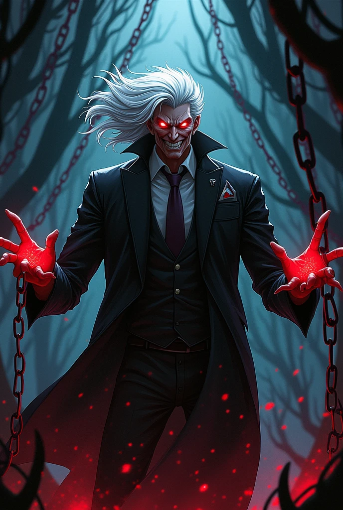 Make a sinister man with white hair and red eyes with a terrifying aura, Your expression is demonic. Around him are sinister claws that hurt him and magical chains that bind him..
anime styling. Capa de light novel.