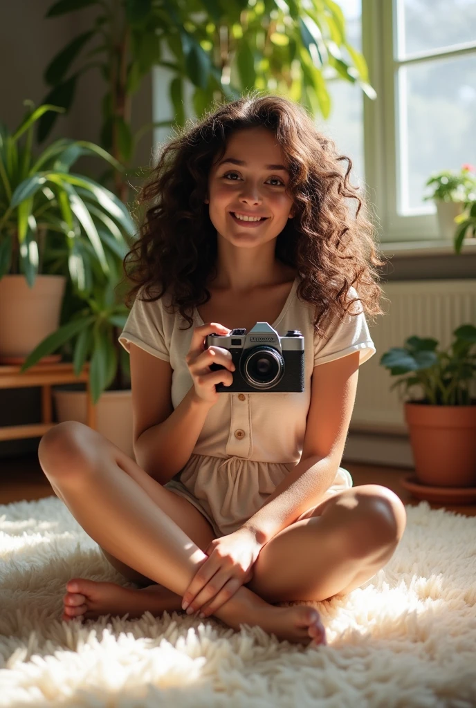 A brunette girl with curly hair and big breasts sits with her legs stretched out, taking a realistic photo