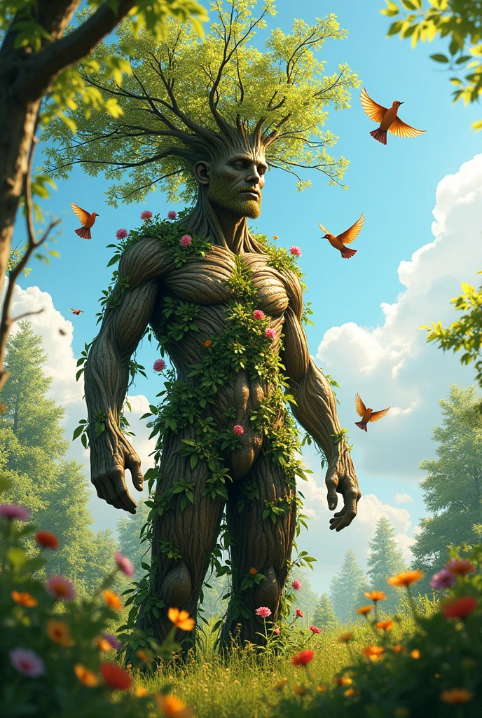 Human form of tree man.birds flying arround.happy environment . photo realistic 
