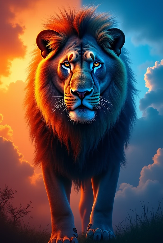 Make me a lion facing forward with half of its face red and the other half blue 