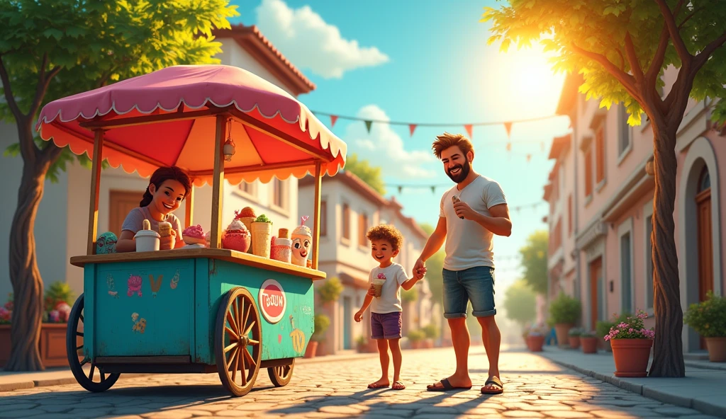 A  and a little buy ice cream man in very hot day in a village 
