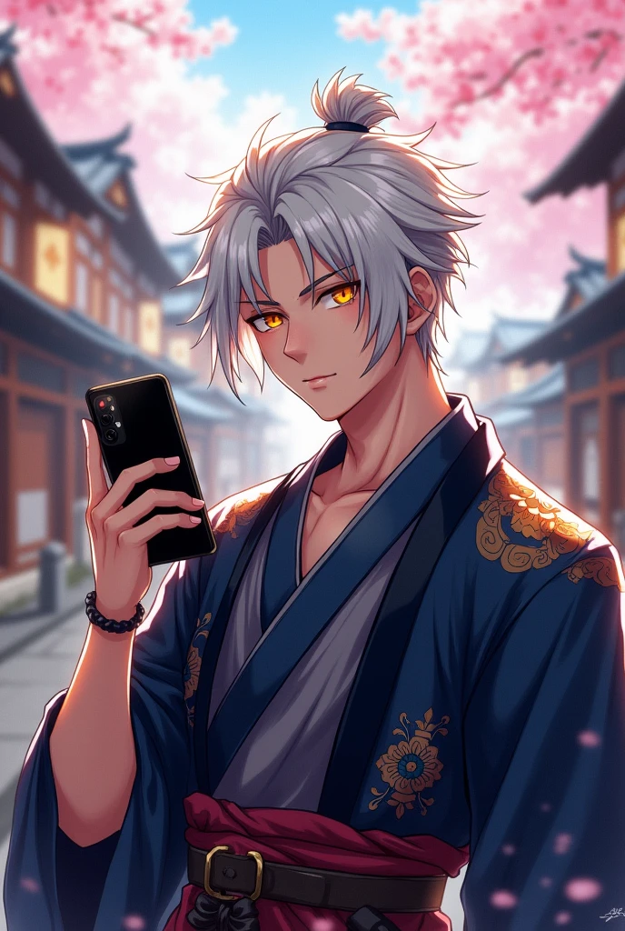 *draw stye or the artist rpg art, of a male samurai with white hair, kimono and yellow eyes, black pupils holding a phone not knowing how to use one*