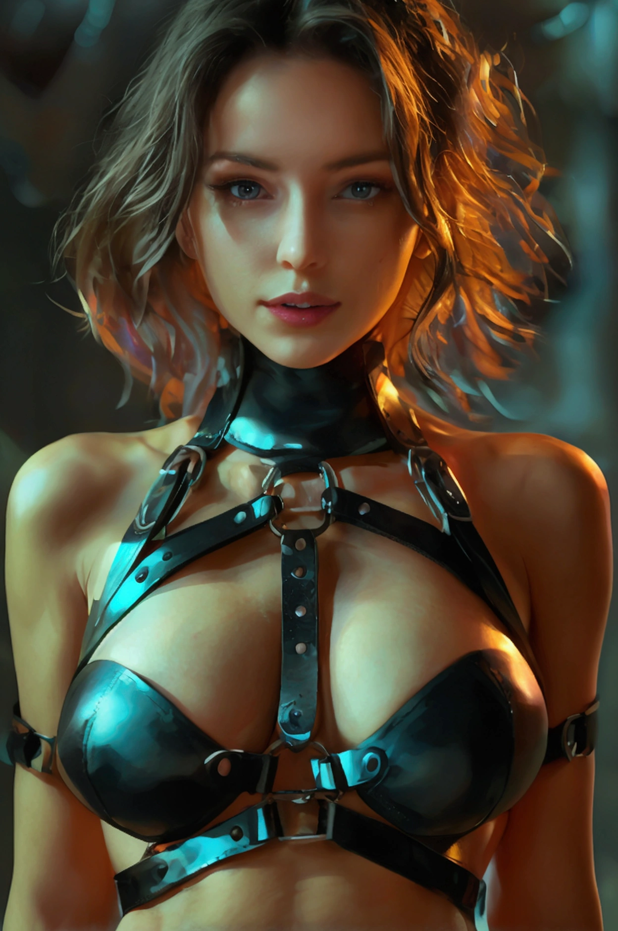 Young brunette women with fit body and big round breast wearing black leather harnesses. The leather harnesses covering a little bit of her body while her big round boobs are naked topless. Her body is oiled and slippery reflecting the studio lights. Full body photography. Realistic. Hyperrealism. Hyperdetailed. Extreme details. Sharp details. Ultra quality. Masterpiece. 4k hdr