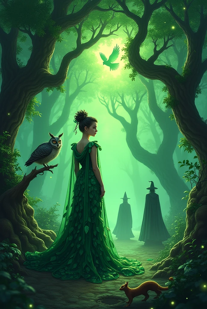 (Book Cover) cursed forest, emerald shimmering scaled dragon, extraordinary princess who speaks with animals, talking trees, wise old owl, mischievous squirrel, witches and wizards 