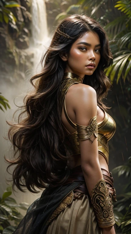 A cinematic photo of a beautiful javanese female warrior, with long, luscious black hair cascading down her back like a waterfall of night, golden eyes burning bright like embers, armed with a majestic kris sword and adorned in traditional armor with intricate, swirling patterns of silver and bronze, set against a warm, golden backdrop of a misty Indonesian forest, with hints of lush greenery and wispy fog, evoking a sense of mystery and power, in a style that blends ancient myth with modern cinematic flair, with warm, earthy tones and subtle, golden highlights that evoke the richness of Indonesian culture