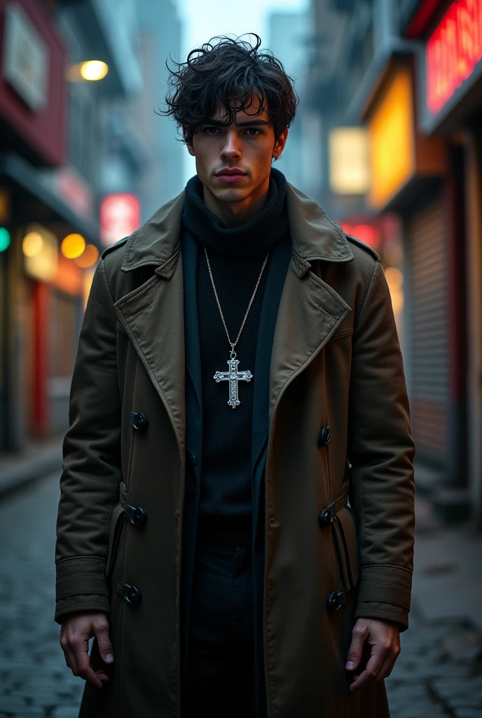 Create an exorcist priest from Cellbit's RPG and make his outfit an overcoat with a cross, he is 26 years old and in a city environment put more emphasis on his 26-year-old appearance.