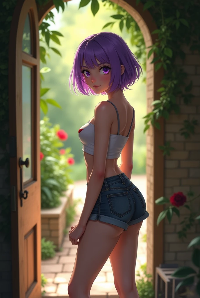 17 years, Young woman, light skin tone, short purple hair, Bright purple eyes, slender body, small breasts, stands on the threshold and looks at you, she is wearing only shorts, and the chest is bare