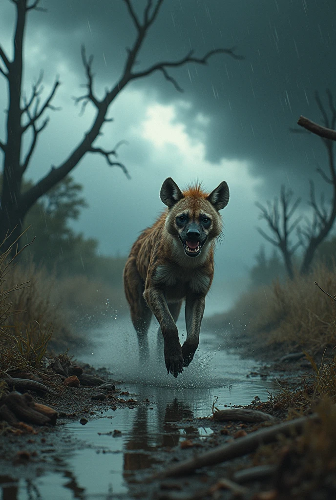 A HYENA trying to escape from hurricane in bad weather
