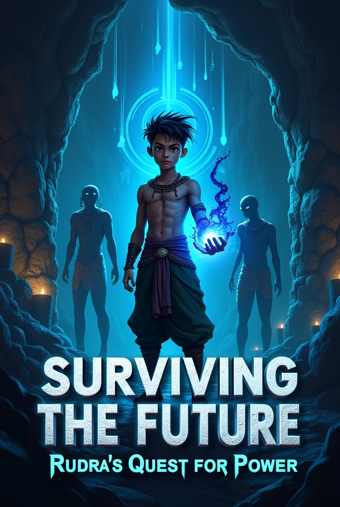 Create a dynamic thumbnail featuring a young warrior (Rudra) in a futuristic underground setting. He is seen holding a glowing blue potion in one hand, with a determined look on his face. In the background, there are shadowy figures of alien creatures, hinting at danger. The environment is dark, with rugged stone walls and advanced technological elements subtly integrated into the surroundings. The text on the thumbnail reads, 'Surviving the Future: Rudra's Quest for Power,' with a futuristic, metallic font."