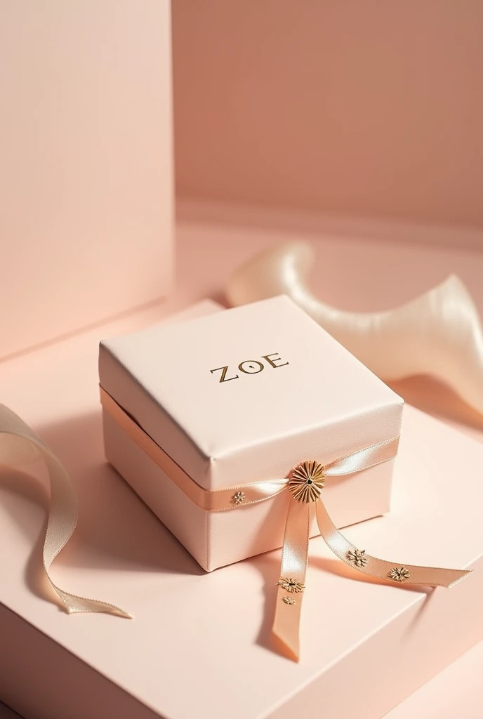 Create a plain pastel gold open earring box with the name ZOE in a serif font.