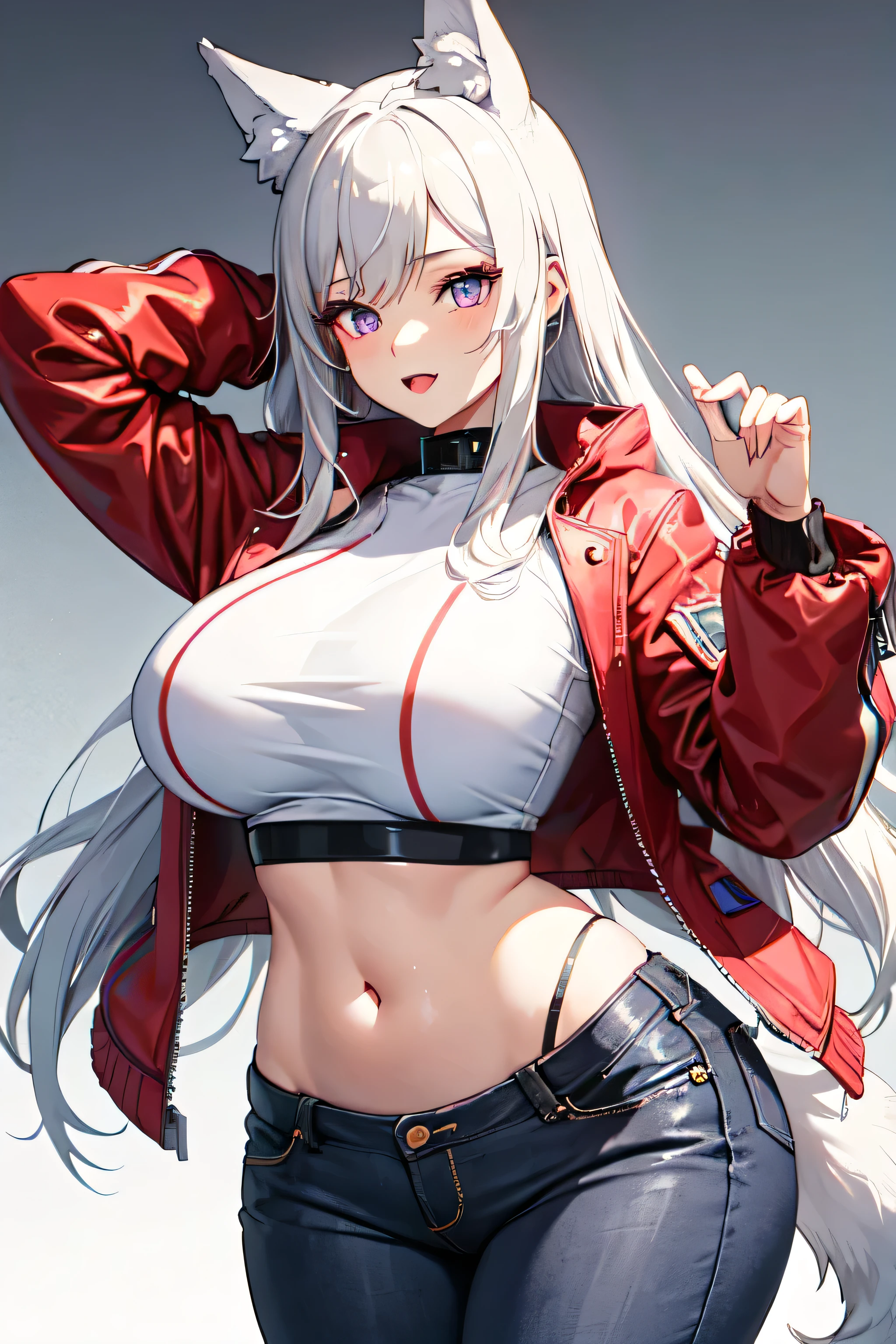 girl, long white hair,wolf ears, HALF-UP HAIRSTYLE ,purple eyes,curvy body,slim body,white crop top,red jacket,black jeans