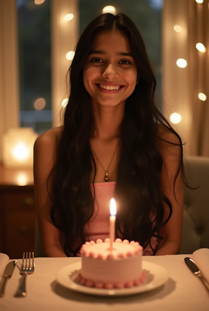 16 year old girl, india girl look like pakistani girl, beautiful, cute face, simple look, perfect shep face, black hair, beautiful face, smile face home dinner selfie, face cake 