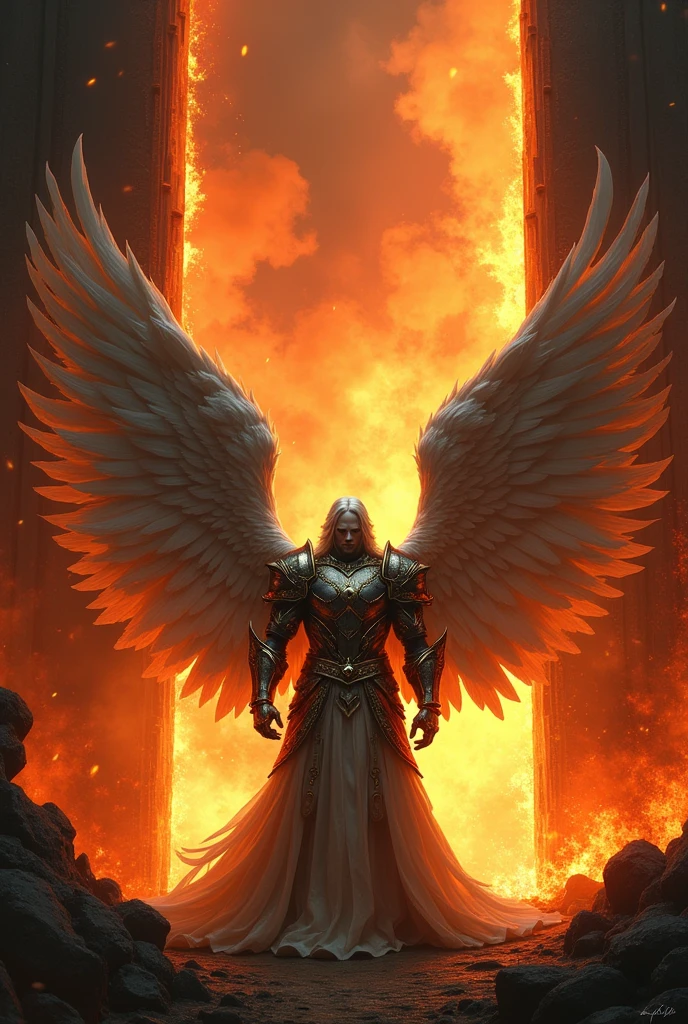 A stern angel, towering before the fiery gates of hell, with flames reflecting in his vigilant eyes."