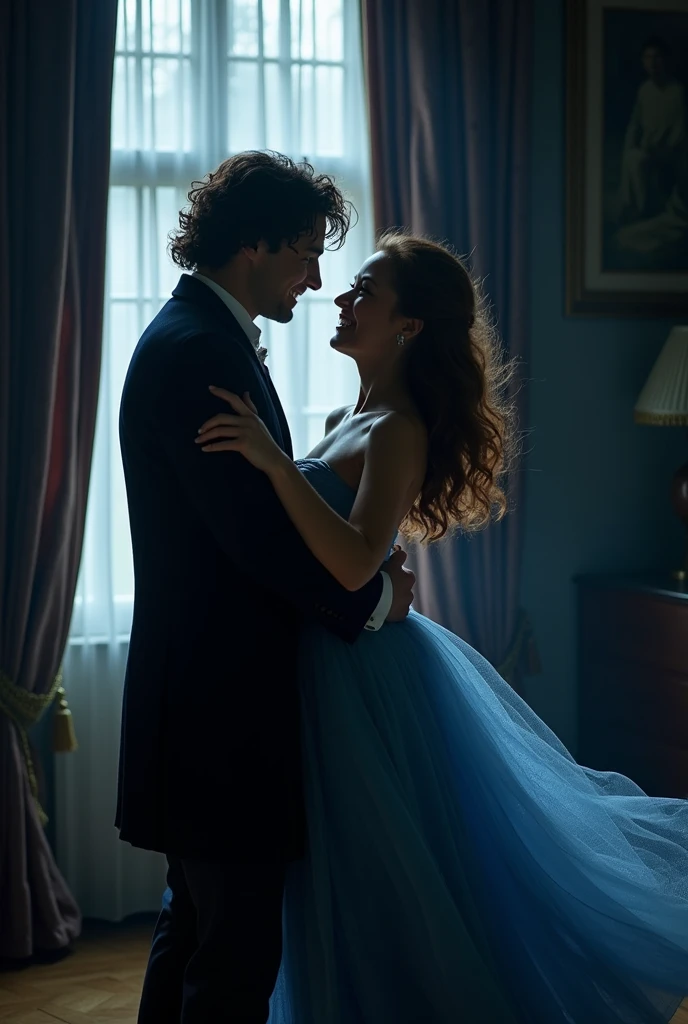 Newt scamander, from harry Potter, dancing in front of a window with a girl with wavy brown hair in a blue dress, dark atmosphere, they are alone.