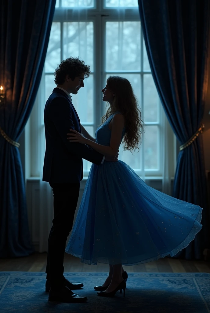 Newt scamander, from harry Potter, dancing in front of a window with a girl with wavy brown hair in a blue dress, dark atmosphere, they are alone.