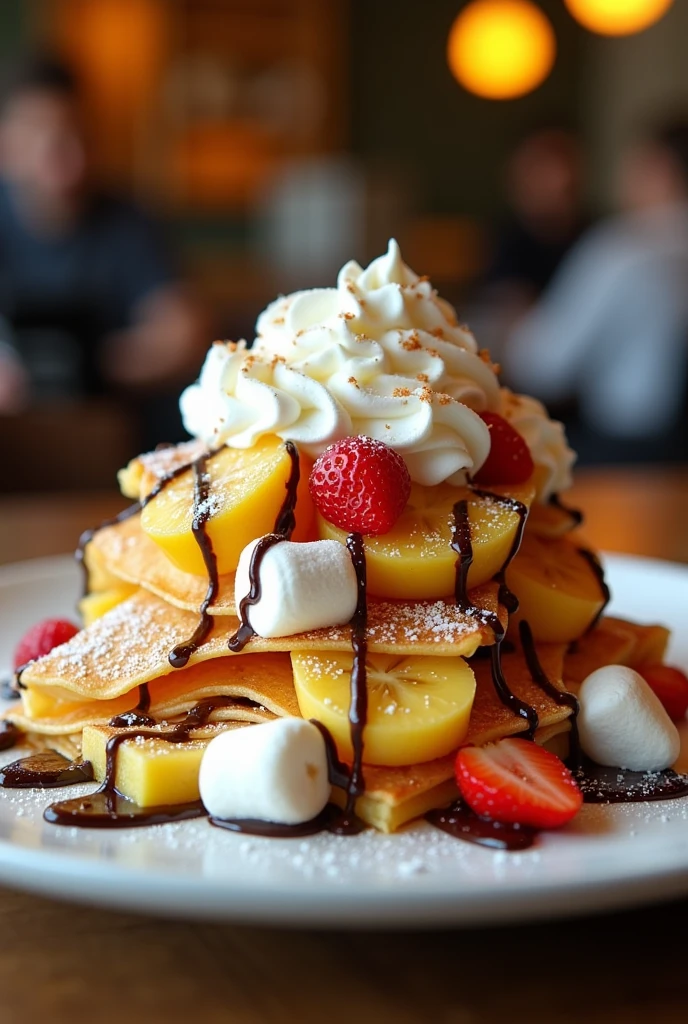 Double crepe with pineapple, mango, strawberry and banana. chocolate sauce/ condensed milk, marshmallows and whipped cream