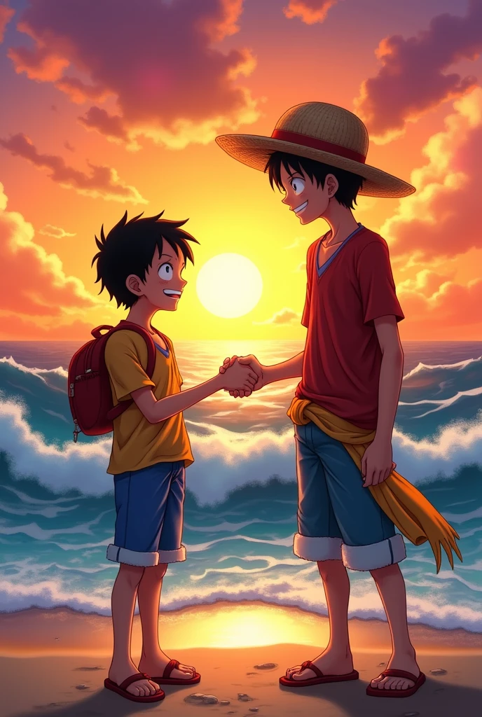 kid Luffy meet his future self and give hand shake and fist bump