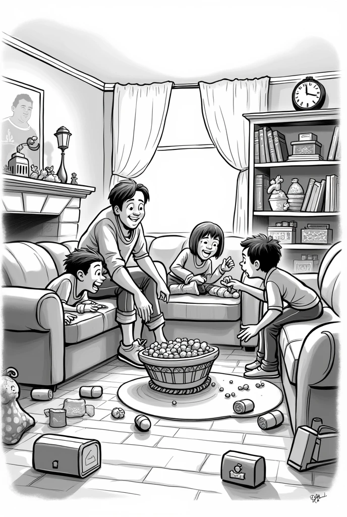 I want a black and white coloring cartoon representing a treasure hunt at home done by parents and their children on a fun day. 