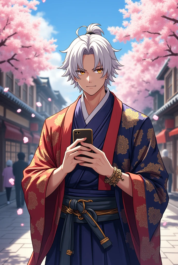 *draw stye or the artist rpg art, of a male samurai with white hair, kimono and yellow eyes, black pupils holding a phone not knowing how to use one*