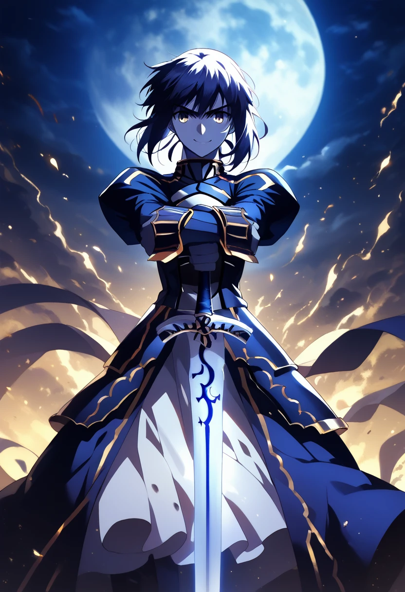 (safe:1.10), best quality, masterpiece, highres, solo, (saber_fatestaynightufotable:1.10), crossed arms, cowboy shot, looking at viewer, anime_style, 39 ,downtown,standing,smile,one girl,gold light sword,midnight,moon