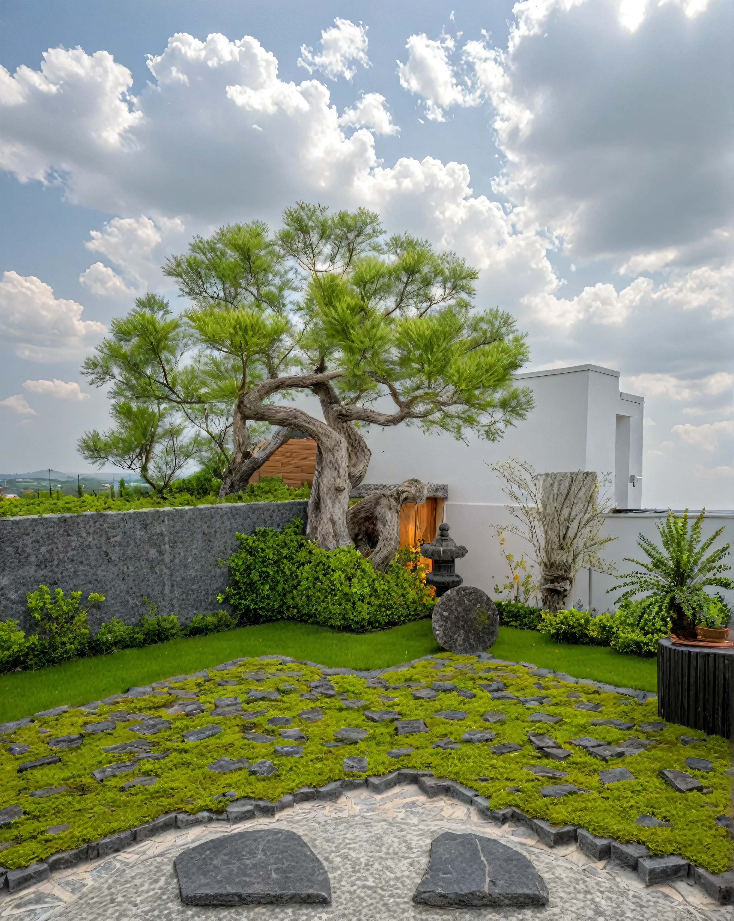 RAW PHOTO, Masterpiece, high quality, best quality, authentic, super detail, outdoors, onestoreyvillaXL, aiaigroup, house style modern on the street ,stairs, white wall ,road,pavement, grass, trees, sky, cloud, (daylight:1.1),the surrounding scenery for my rooftop garden.background, japanist,