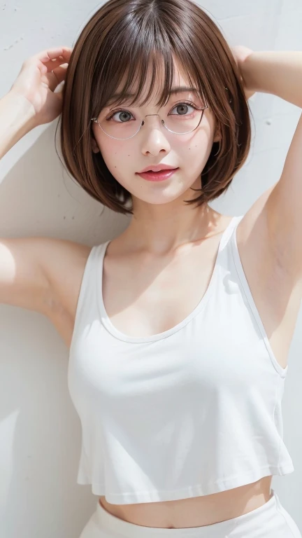 (Bob Cut Hair:1.2),(Wearing a white tank top:1.8),1 person,Japanese,21 years old,(Small breasts:1.3),(Highest quality,masterpiece:1.3,Ultra-high resolution,),(Very detailedな,Caustics),(Realistic:1.4,RAW shooting,)Ultra-Realistic Capture,Very detailed,High resolution 16K human skin closeup。 Natural skin texture、,pores、、It needs to be detailed enough to be easily identifiable。 Skin tone is even and healthy looking。 Use natural light and color, Happy expression, Looking into the camera, Perfect dynamic composition, Outdoor、Cleavage、sheer、Earrings、Leaning against the wall、Raise your hand、Armpits、freckles、(Round Glasses)、Twin tails、(erect nipples)