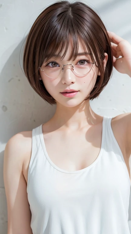 (Bob Cut Hair:1.2),(Wearing a white tank top:1.8),1 person,Japanese,21 years old,(Small breasts:1.3),(Highest quality,masterpiece:1.3,Ultra-high resolution,),(Very detailedな,Caustics),(Realistic:1.4,RAW shooting,)Ultra-Realistic Capture,Very detailed,High resolution 16K human skin closeup。 Natural skin texture、,pores、、It needs to be detailed enough to be easily identifiable。 Skin tone is even and healthy looking。 Use natural light and color, Happy expression, Looking into the camera, Perfect dynamic composition, Outdoor、Cleavage、sheer、Earrings、Leaning against the wall、Raise your hand、Armpits、freckles、(Round Glasses)、Twin tails、(erect nipples)