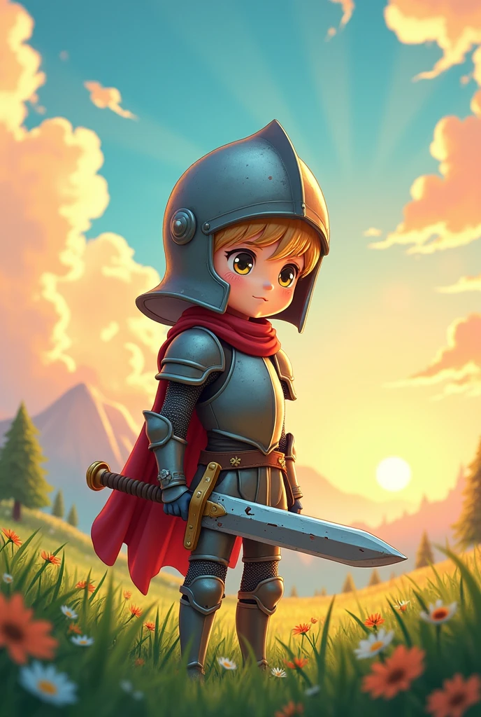 a knight with a frail appearance wearing a helmet and carrying a worn weapon, protagonist of a video game
anime version
