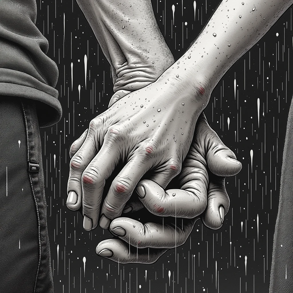 illustrate close up of Popeye and Olive Oyl's hands, clasped lovingly together, A black and white world, Popeye holding the hands of the love of his life Olive Oyl, each drop of rain unleashes a ripple of color, bringing color to this otherise mundane world, color reverberating out from each raindrop as it makes contact with the ground, sublte coloring to enrich the black and white image, rich color grading, sense of depth, shading and shadows