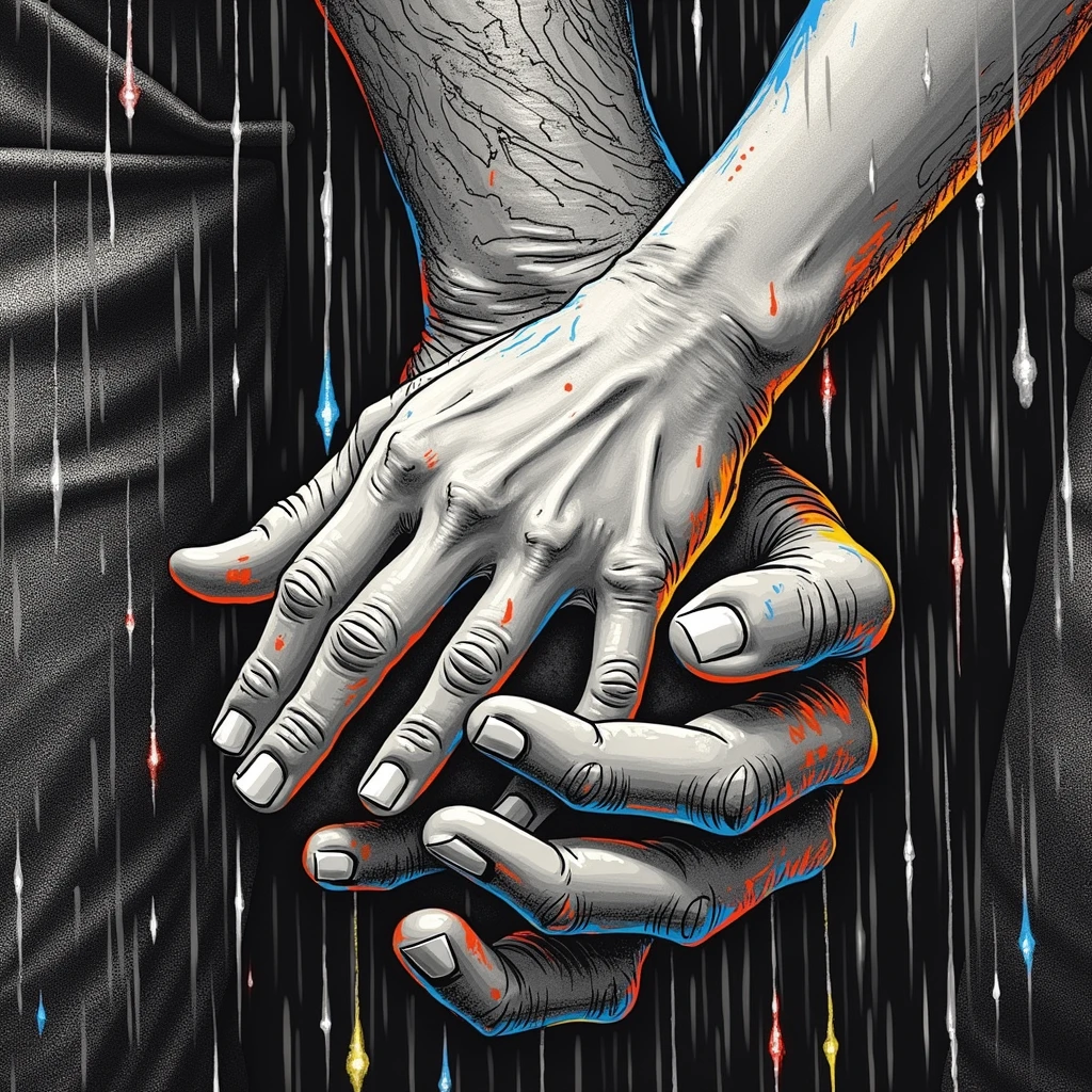 illustrate close up of Popeye and Olive Oyl's hands, clasped lovingly together, A black and white world, Popeye holding the hands of the love of his life Olive Oyl, each drop of rain unleashes a ripple of color, bringing color to this otherise mundane world, color reverberating out from each raindrop as it makes contact with the ground, sublte coloring to enrich the black and white image, rich color grading, sense of depth, shading and shadows