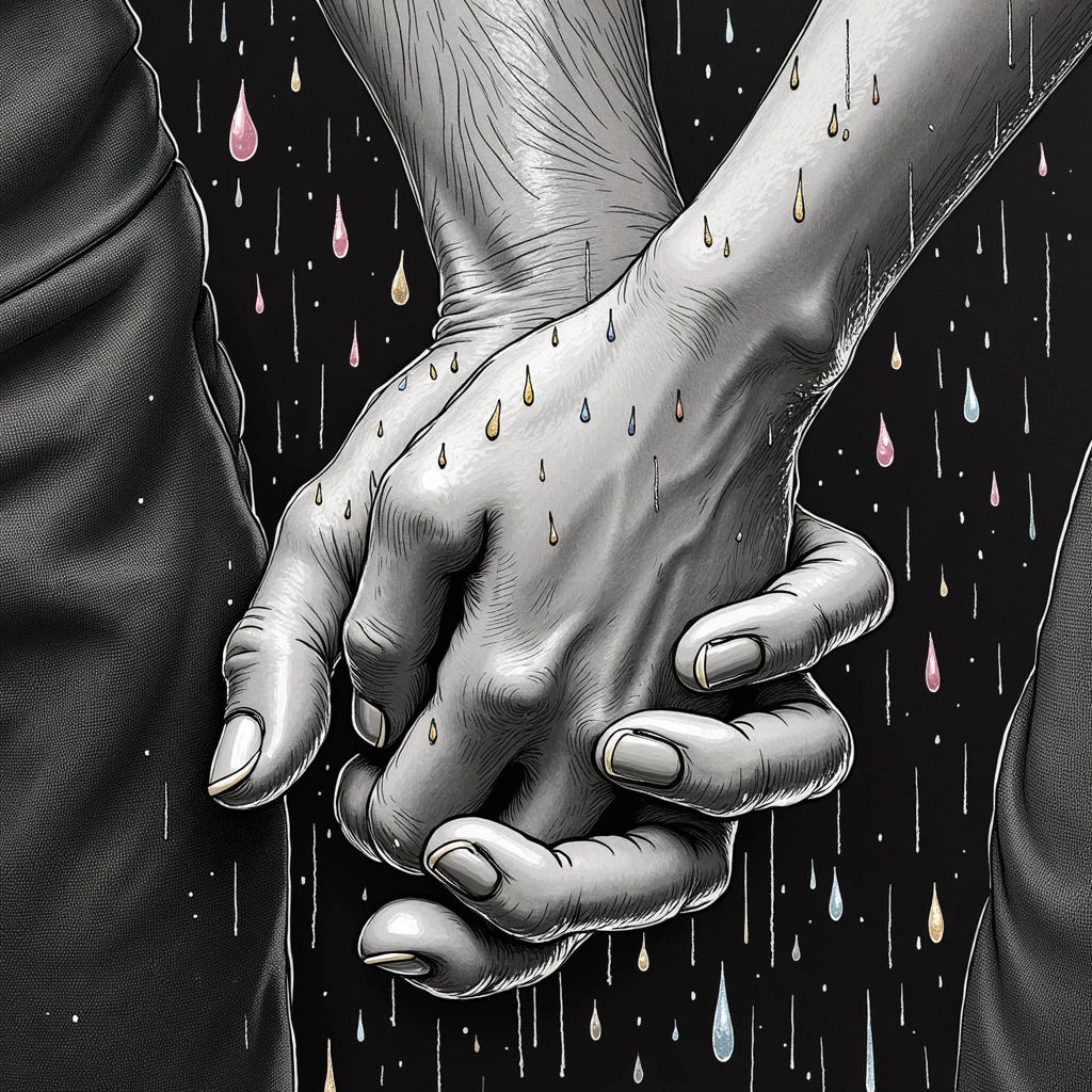 illustrate close up of Popeye and Olive Oyl's hands, clasped lovingly together, A black and white world, Popeye holding the hands of the love of his life Olive Oyl, each drop of rain unleashes a ripple of color, bringing color to this otherise mundane world, color reverberating out from each raindrop as it makes contact with the ground, sublte coloring to enrich the black and white image, rich color grading, sense of depth, shading and shadows