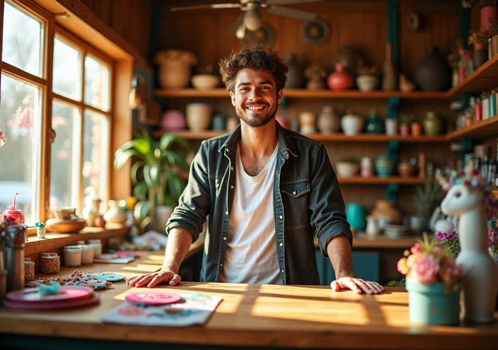 A young Store owner man standing proudly in his shop