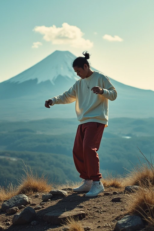 Image bboy Japanese with clothes dj and white dancing in Japan in mountain Fuji head spin cinematetic Alta resolução, defocused, best qualityer, American propaganda poster,