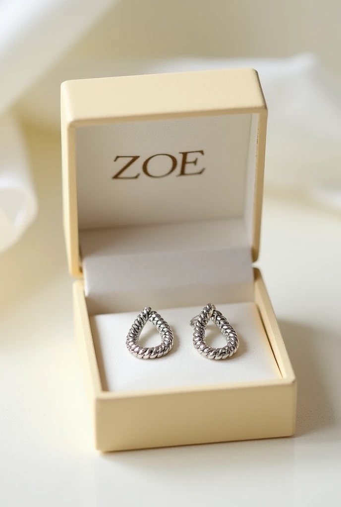 Create a plain pastel gold earring box with a chain inside, featuring the name ZOE in a serif font.