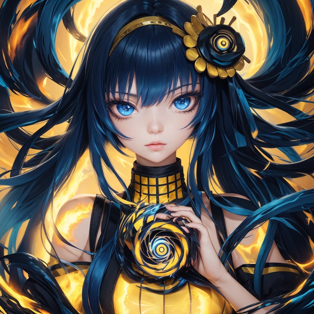 Dark blue hair, yellow eyes, pretty girl, aura, bool fire blue hair