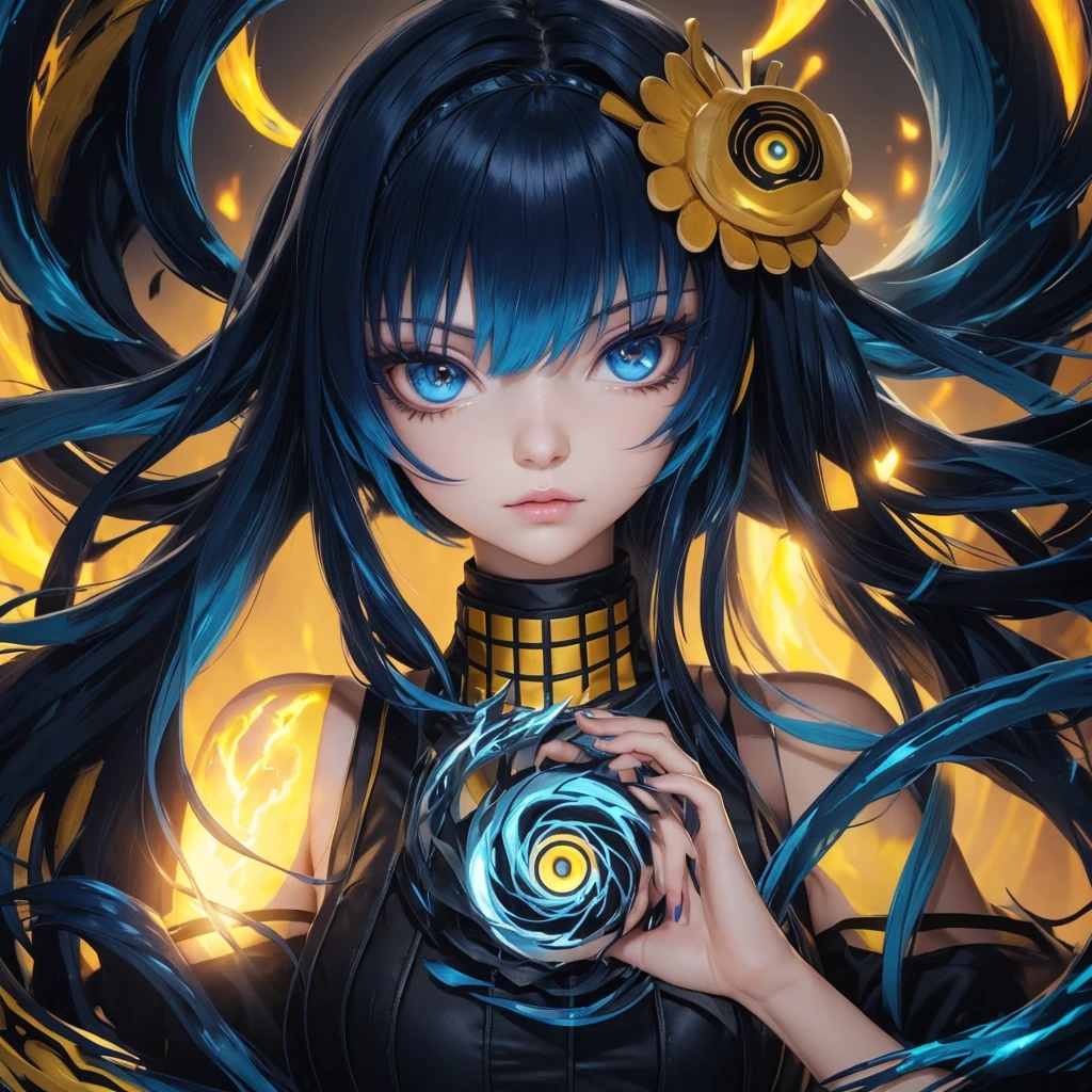 Dark blue hair, yellow eyes, pretty girl, aura, bool fire blue hair