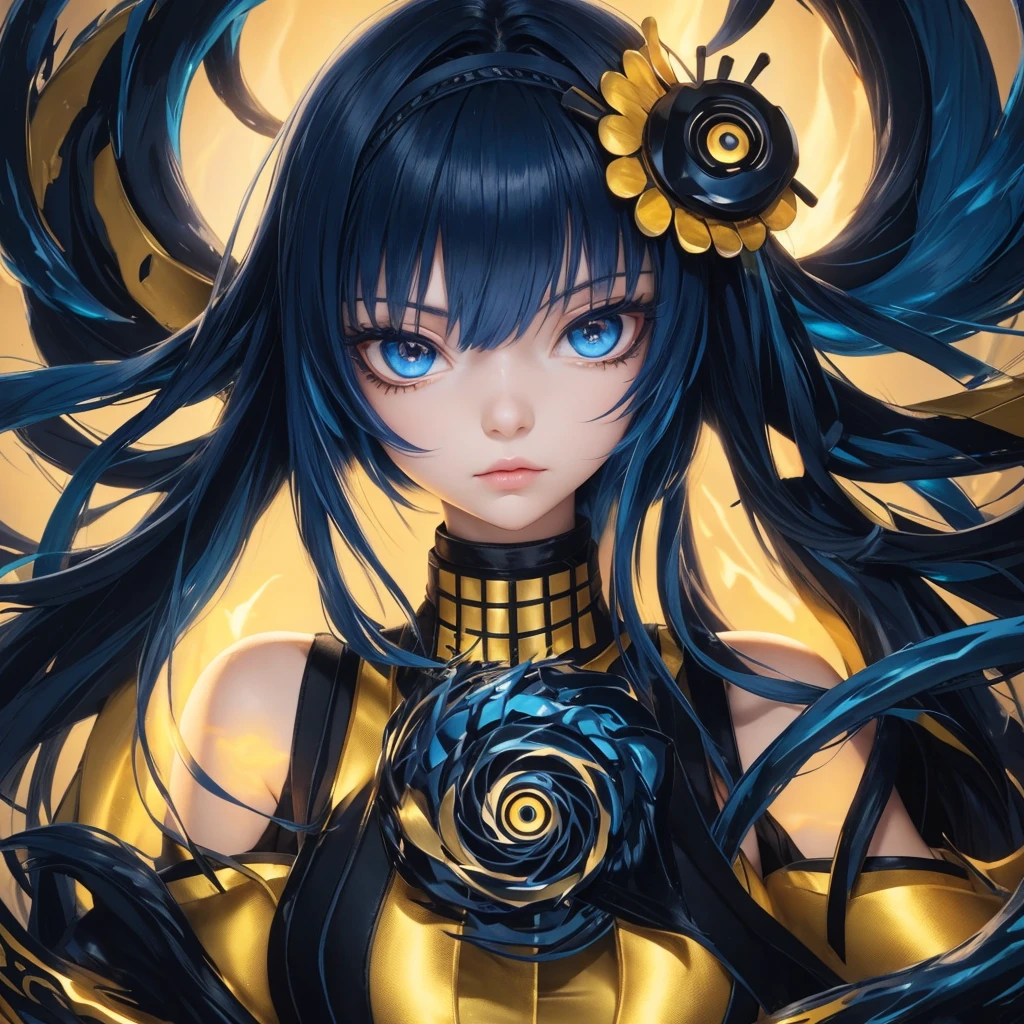 Dark blue hair, yellow eyes, pretty girl, aura, bool fire blue hair