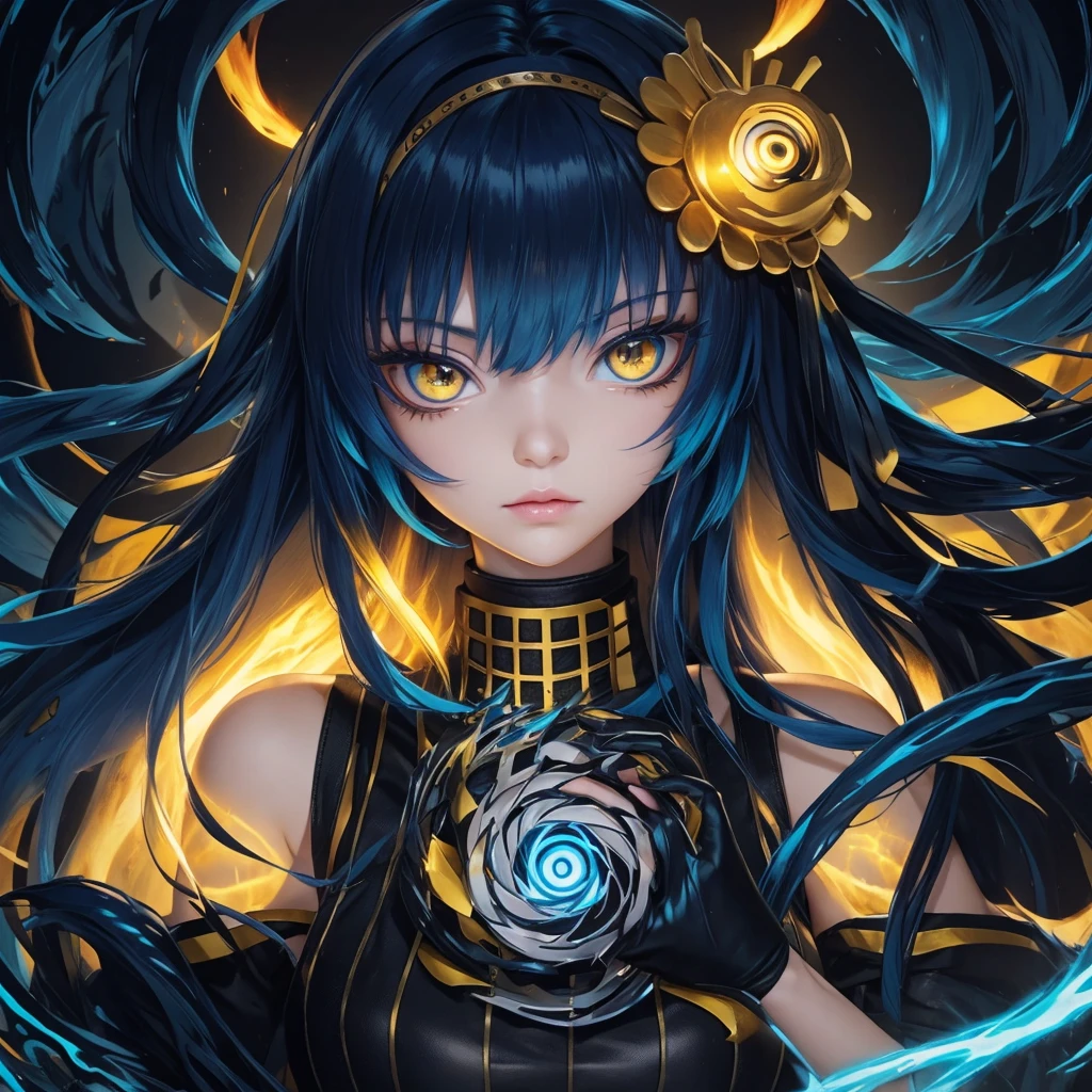 Dark blue hair, yellow eyes, pretty girl, aura, bool fire blue hair